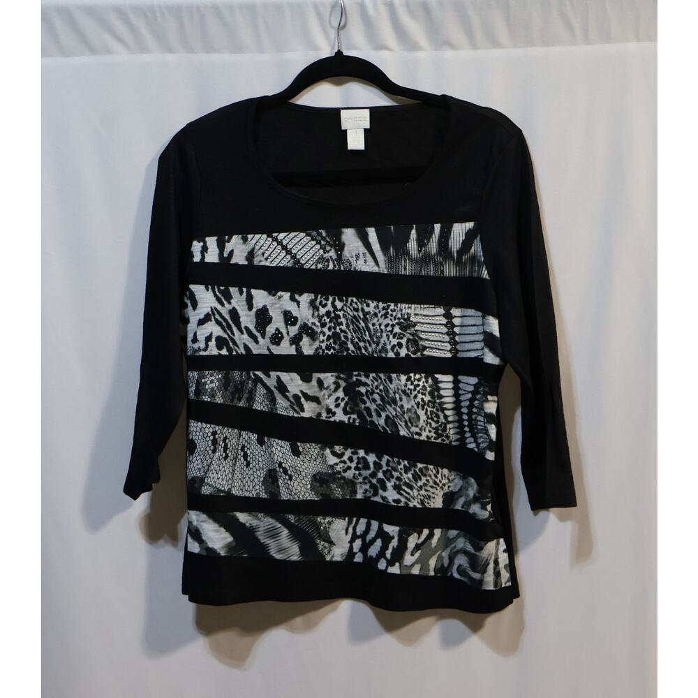 Chicos 1 Womens Top Small 8 Shirt Black Snakeskin Print 3/4 Sleeves Animal Print